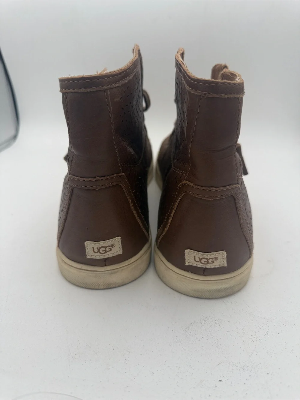 UGG Blaney Brown Leather Perforated High Top Sneakers Side Zip Tassel Sz 12